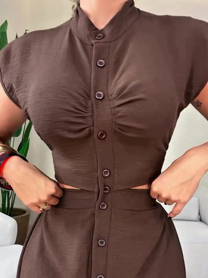 Maxi Shirt Dress in Brown with Waist Cut-Out - brown bodice and waist detail