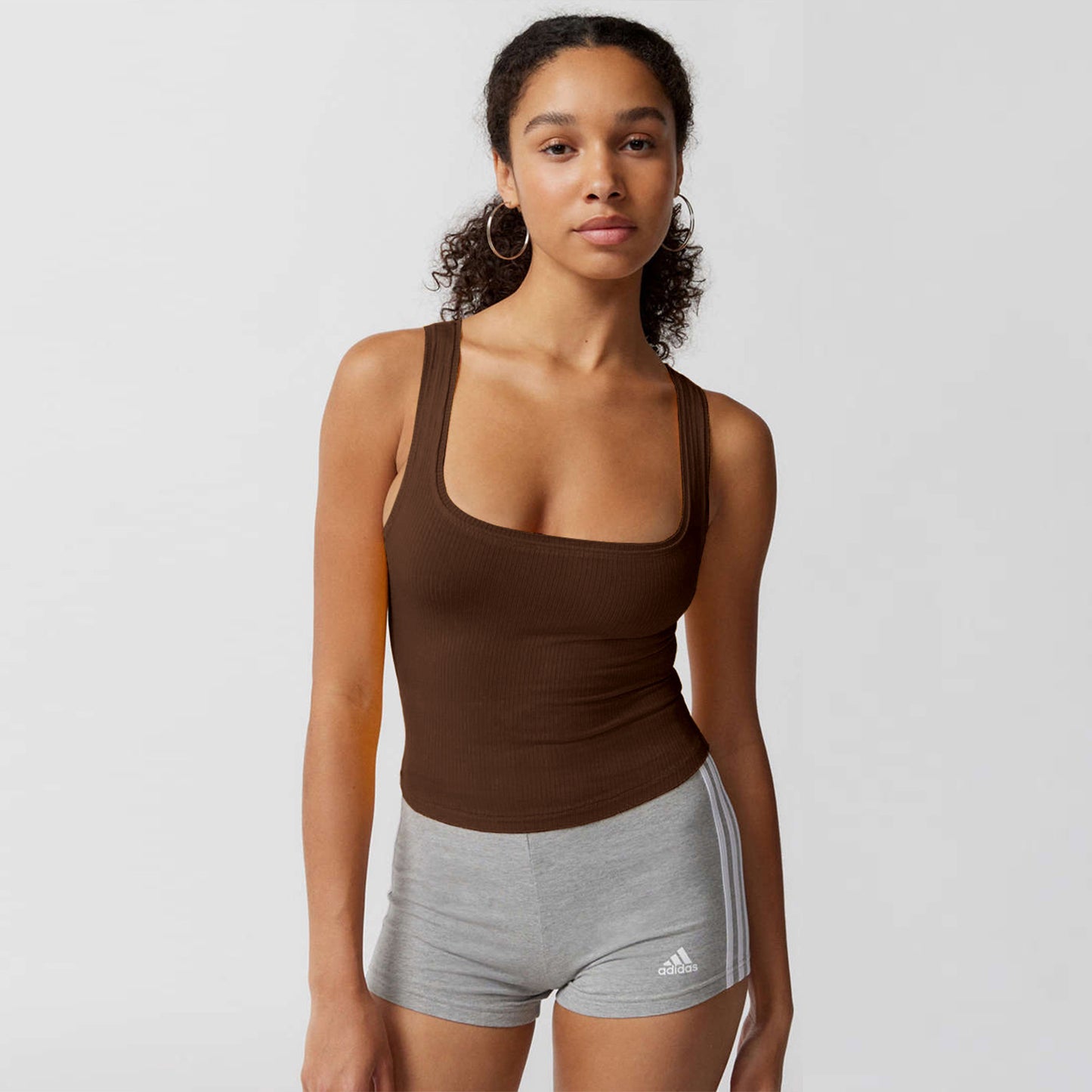 Crop Vest Top with Square Neck and Ribbed Stretch - coffee close-fit front view
