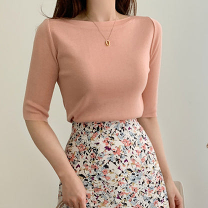 Boat-Neck Fine-Knit Top with Elbow Sleeves - pink front styling