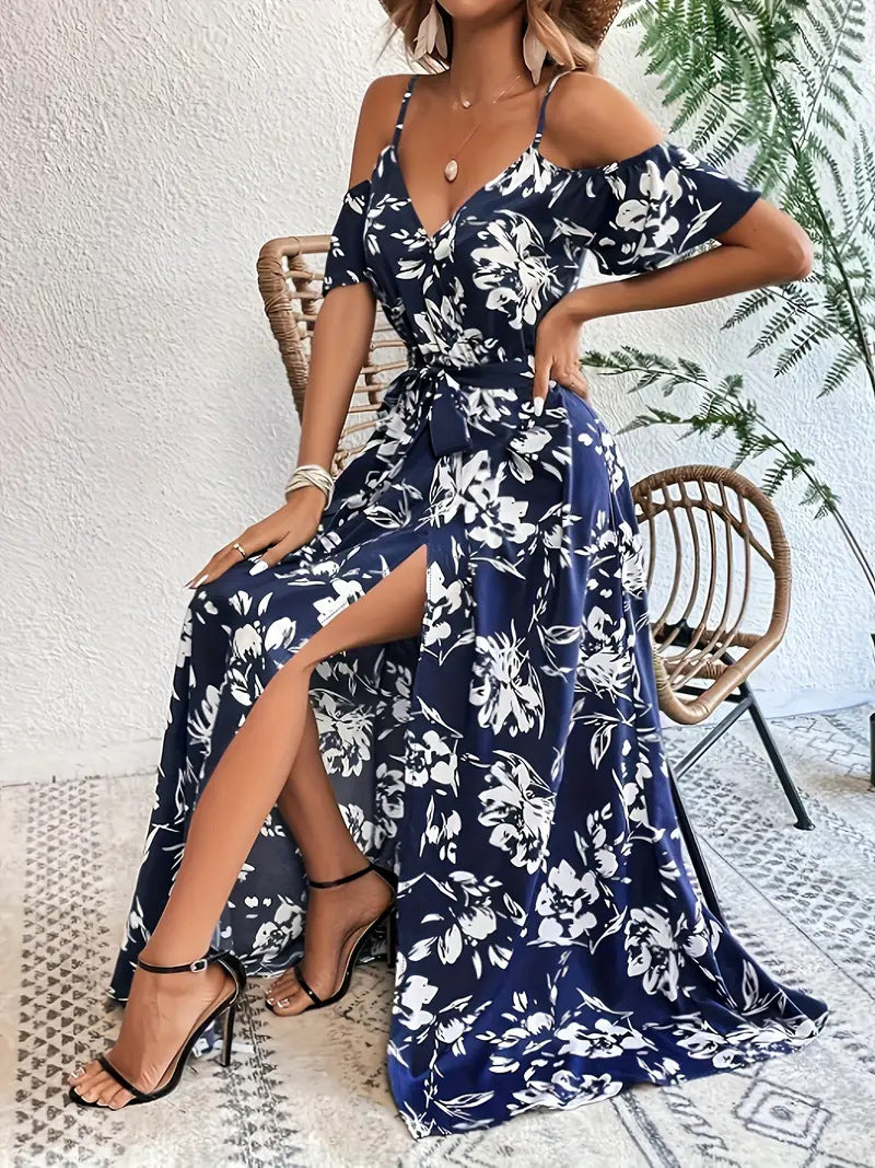 Maxi Dress in Floral Bardot Split-Hem - dark blue seated split detail