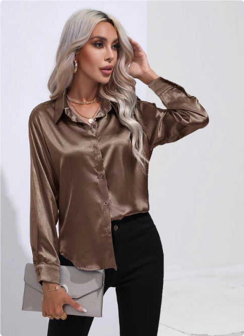 Blouse in Satin with Open Collar and Long Sleeves - camel front view