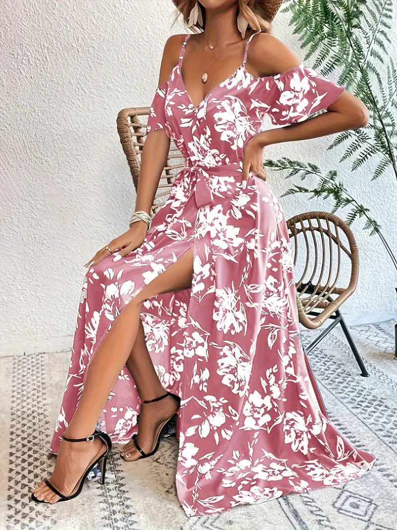 Maxi Dress in Floral Bardot Split-Hem - pink seated split detail