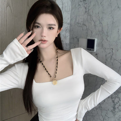 Square-Neck Long-Sleeve Ruched Top - White angled sleeve detail