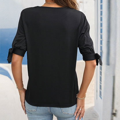 T-Shirt in Black with Pearl-Trim Cold-Shoulder Sleeves - black back view