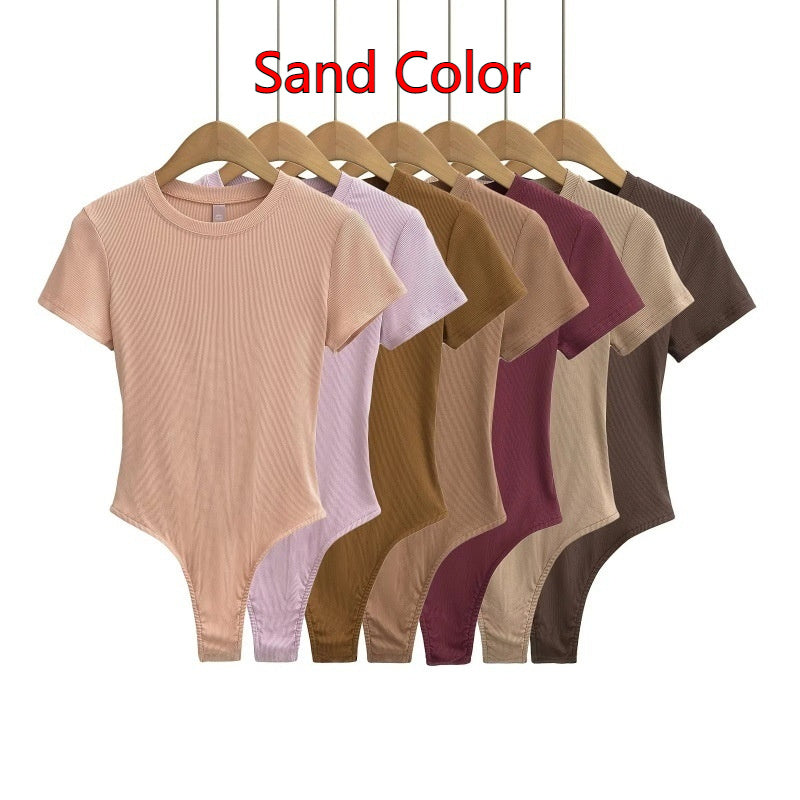 Bodysuit in Stretch Cotton with Short Sleeves - sand colour range