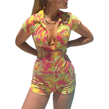 Playsuit in Pink, Yellow and Lime Swirl Print - front view with plunge neckline
