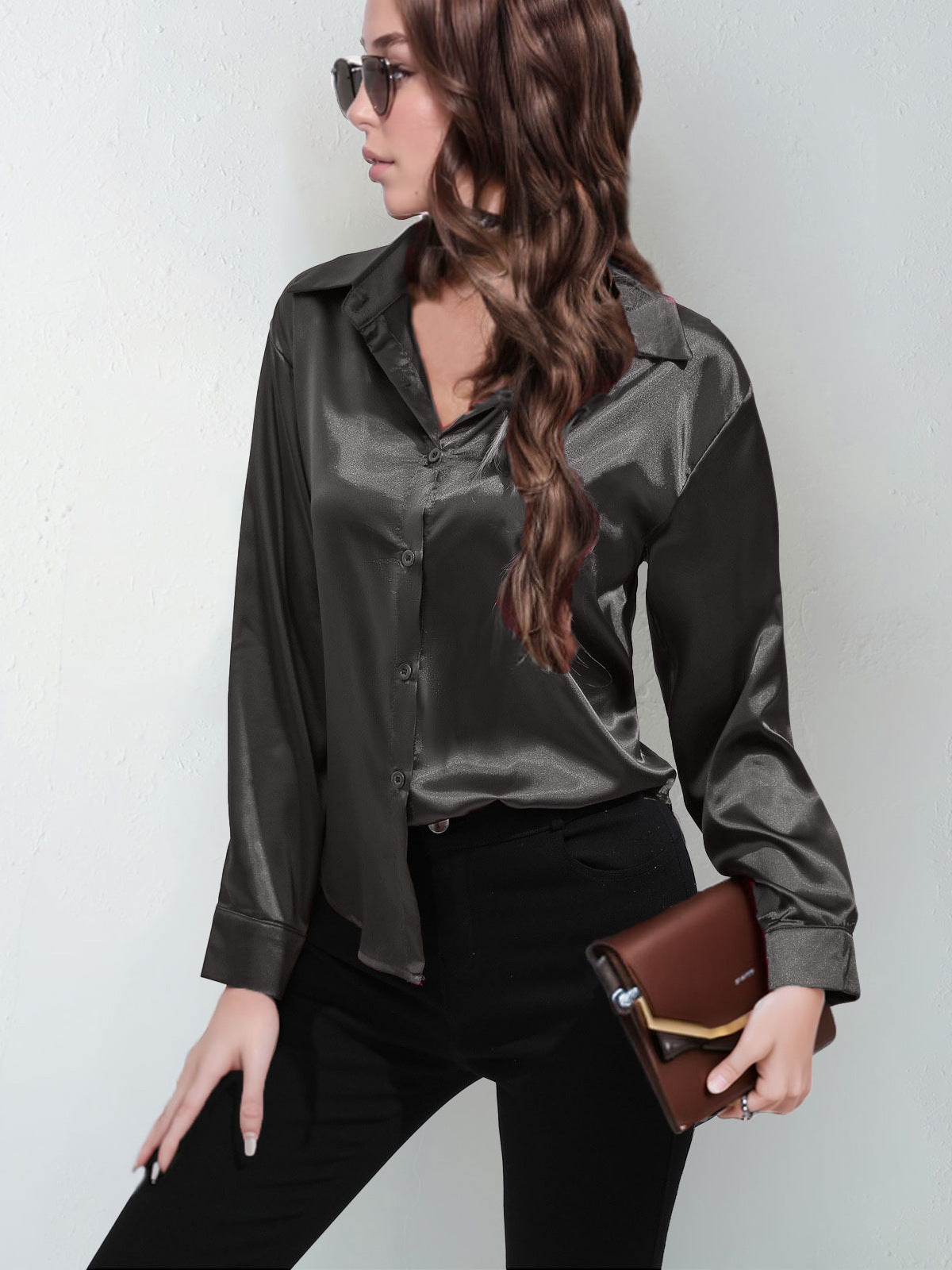 Blouse in Satin with Open Collar and Long Sleeves - dark grey front view