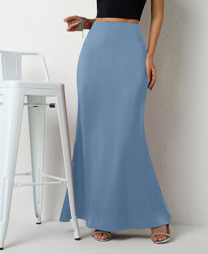 Maxi Skirt in Satin Bias Cut - Grey blue front view with stool