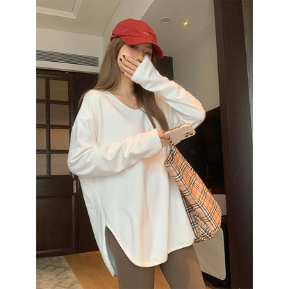 T-Shirt in White with Longline Side-Split Hem - white full-length styled view