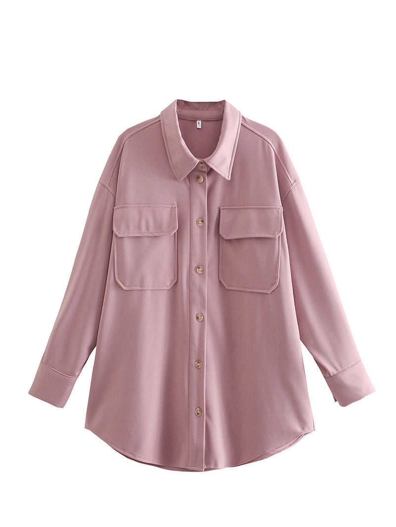 Shirt Jacket in Beige & Dusty Pink with Longline Oversized Fit - dusty pink front view