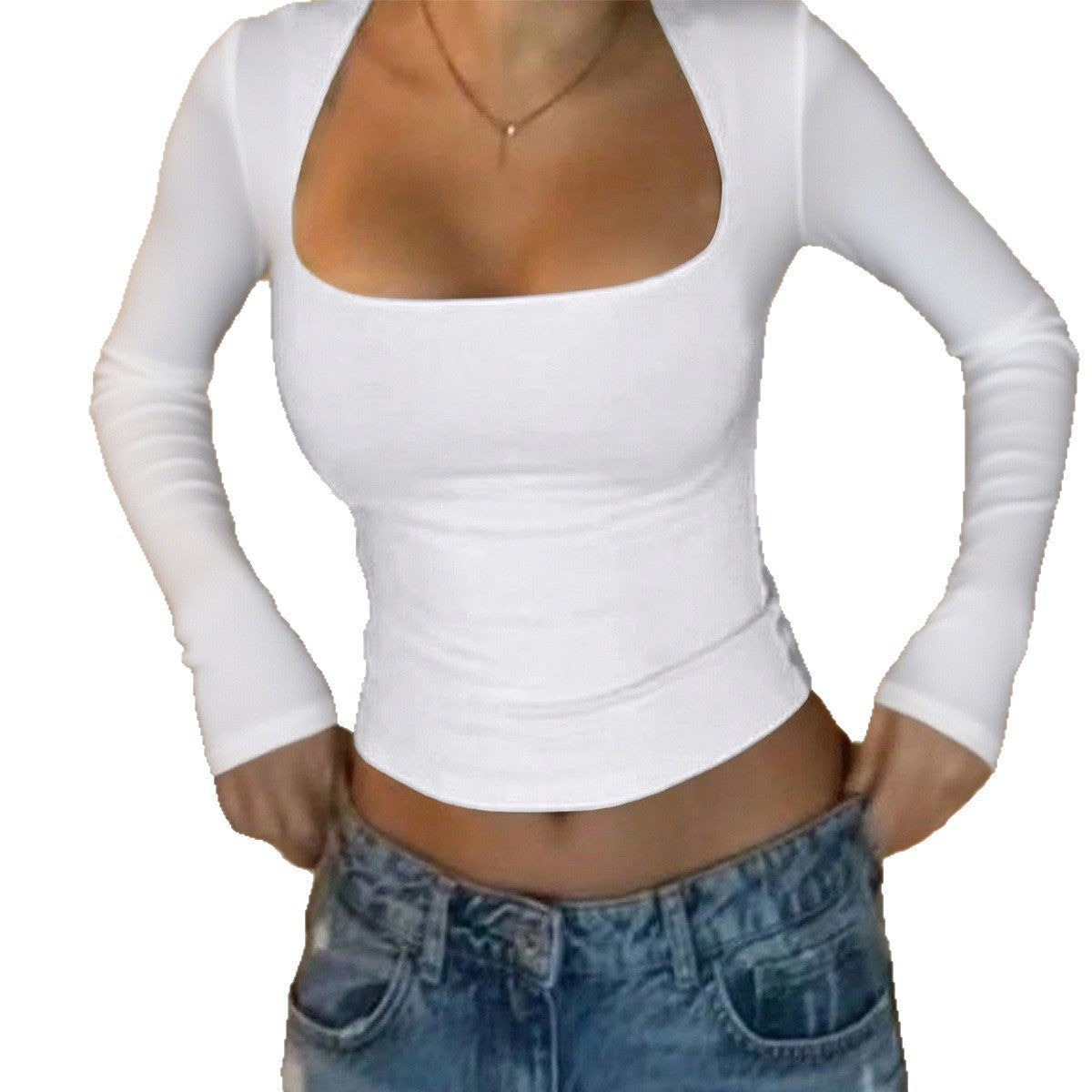 Top with Square Neck and Long Sleeves - white front close-up