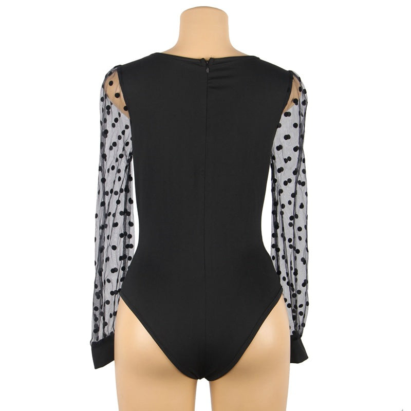 Bodysuit in Black with Polka Dot Mesh Sleeves - black back mannequin view
