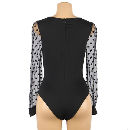 Bodysuit in Black with Polka Dot Mesh Sleeves - black back mannequin view