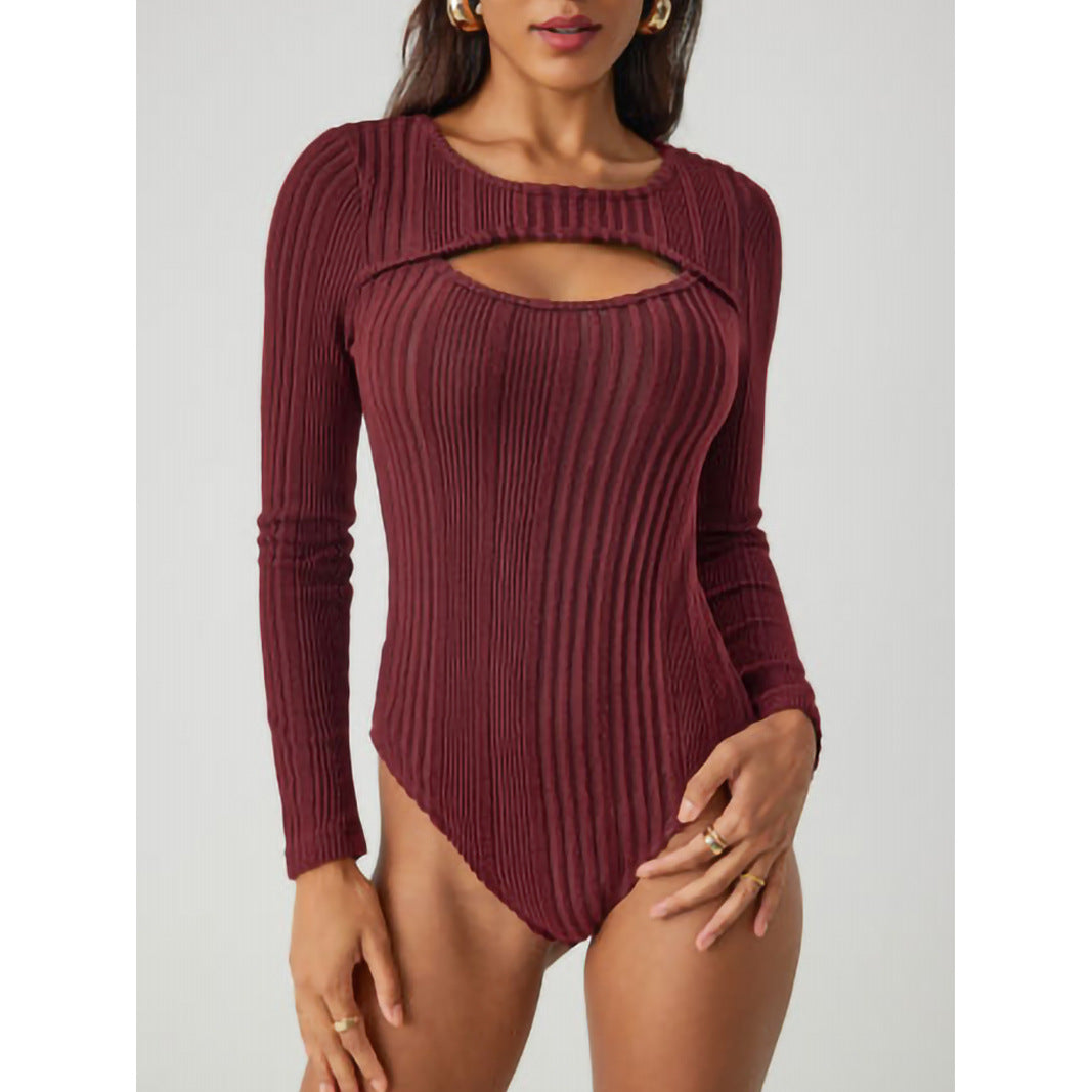 Bodysuit in Ribbed Knit with Keyhole Cut-Out - wine red front view