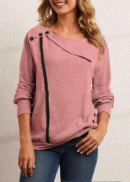Long Sleeve Slash-Neck Top with Asymmetric Zip Detail - pink front view