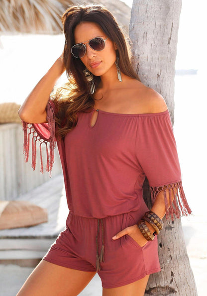 Playsuit with Off-Shoulder Tassel Sleeves - crimson front lifestyle