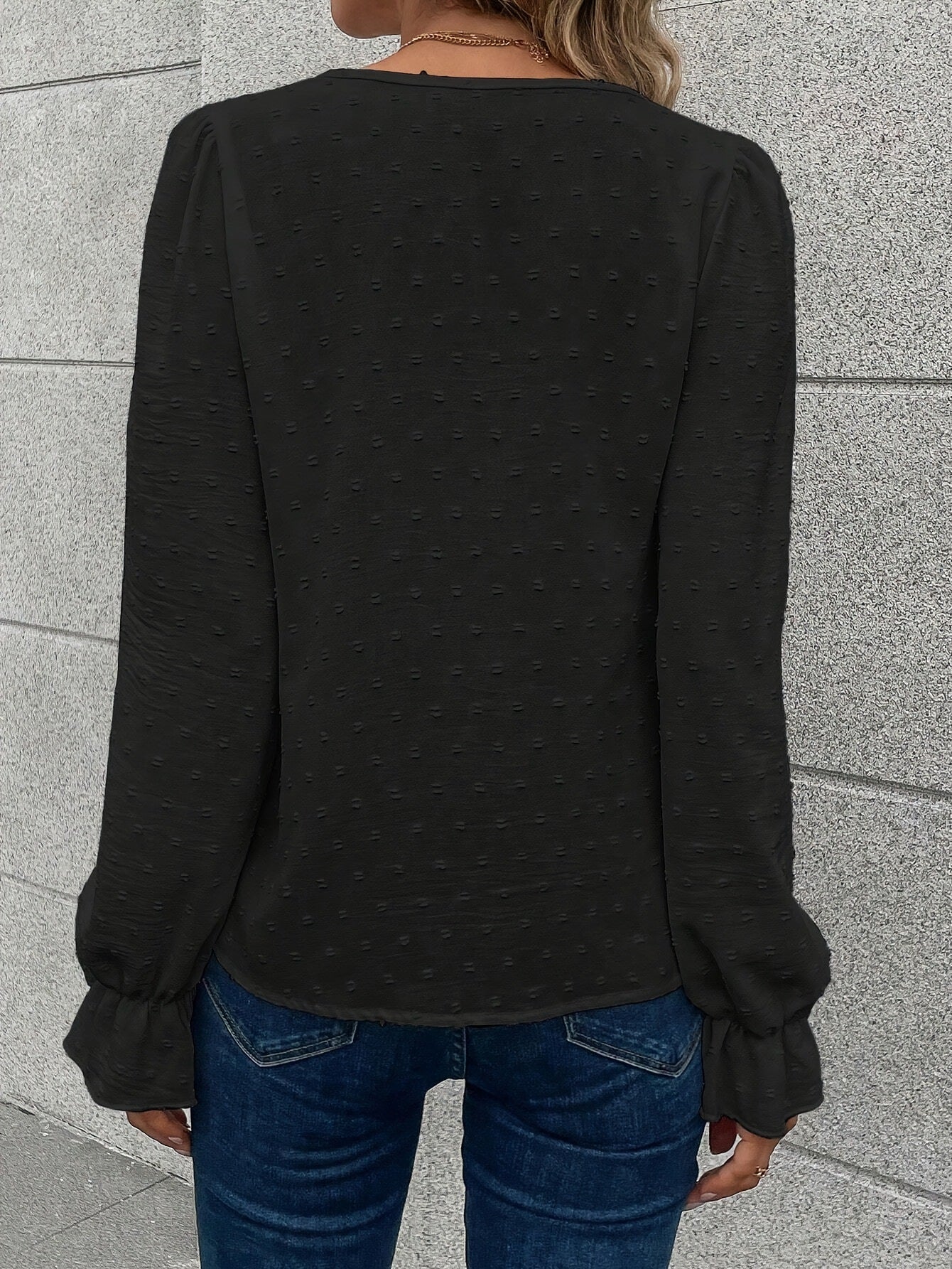 Blouse with Scalloped V-Neck and Button Front - black back view