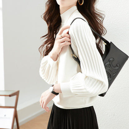 Knit Top with Pleated Sleeves and Mock Neck - White side view
