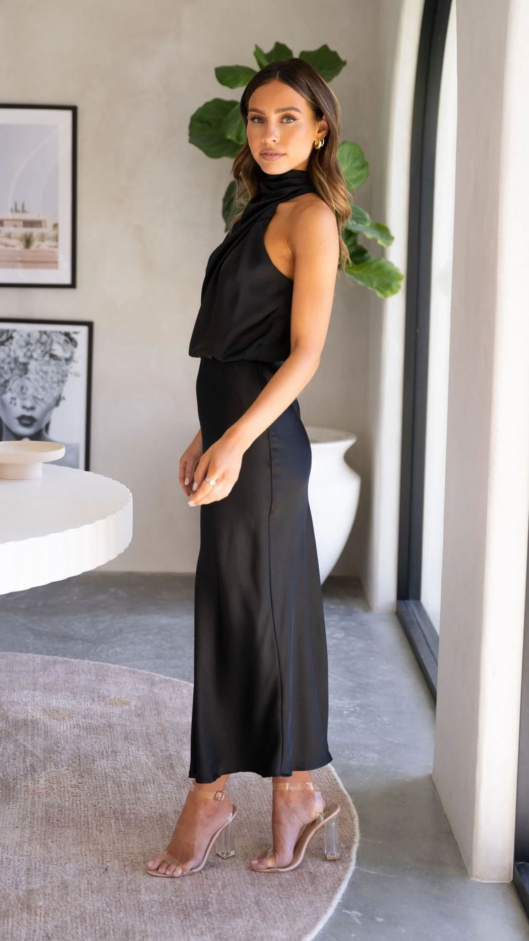 Maxi Dress with Draped Halterneck and Satin-Feel Finish - Black side view