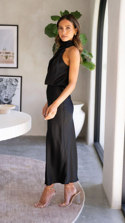 Maxi Dress with Draped Halterneck and Satin-Feel Finish - Black side view