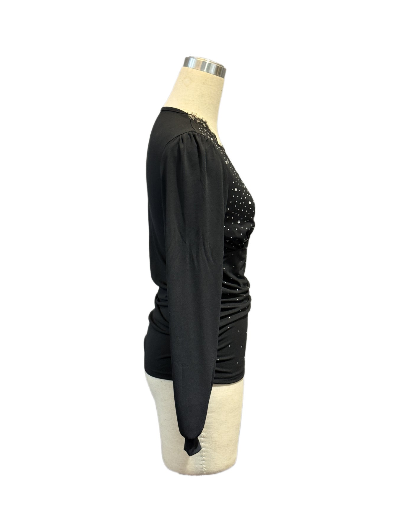 Ruched Top in Black with Lace V-Neck and Rhinestones - black side profile