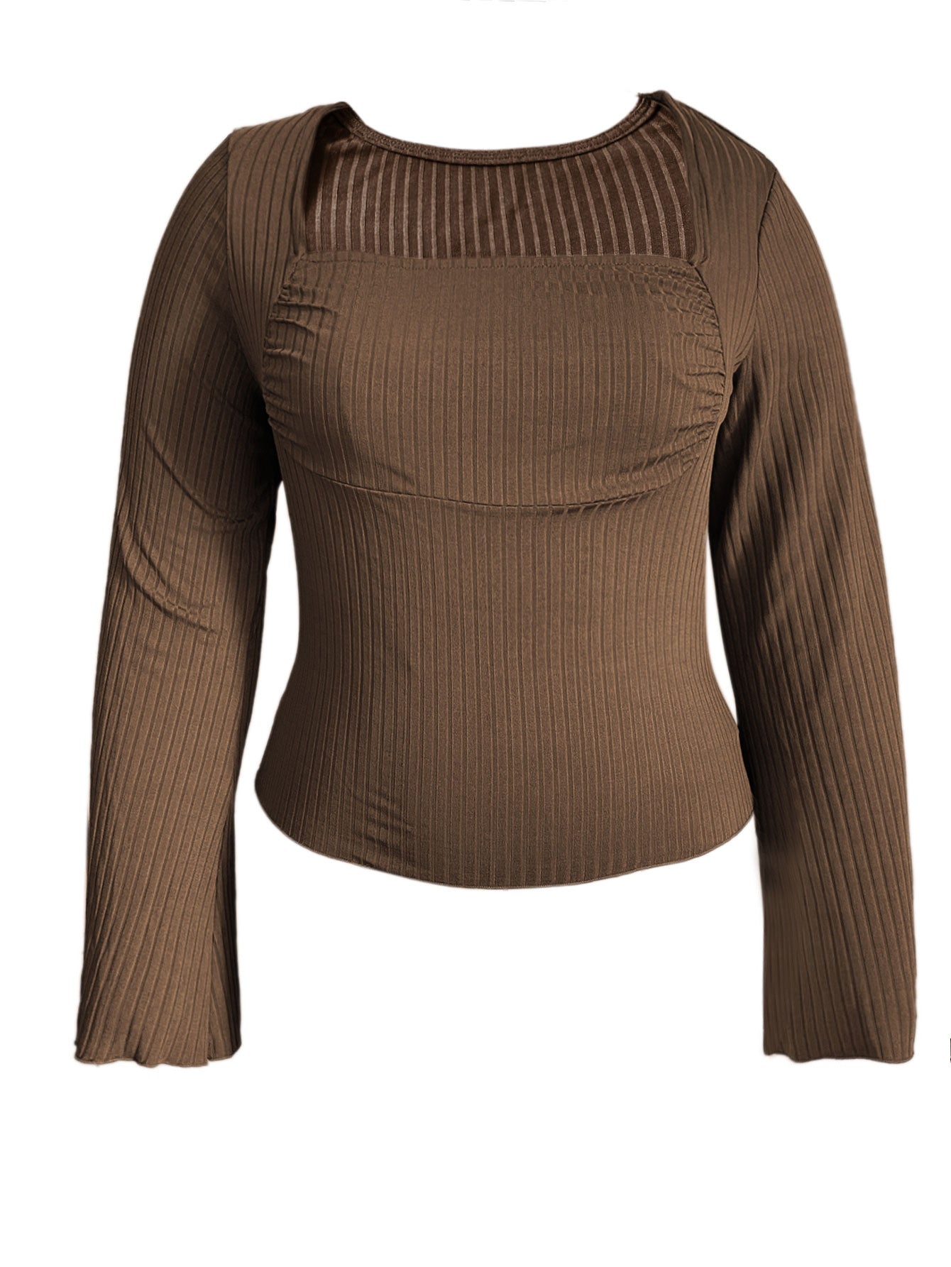 Ribbed Top in Dark Brown with Square Neck and Flared Cuffs - dark brown flat lay front