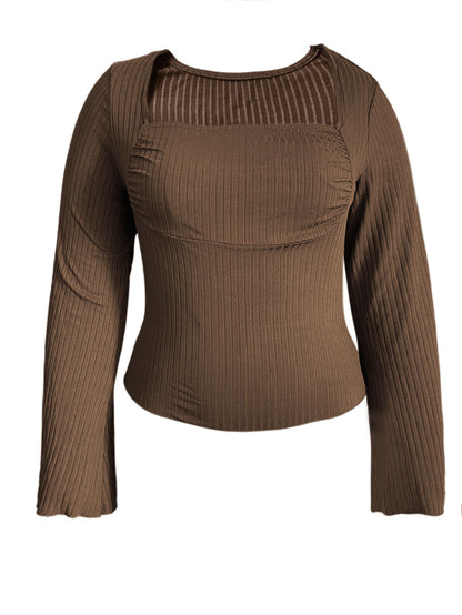 Ribbed Top in Dark Brown with Square Neck and Flared Cuffs - dark brown flat lay front