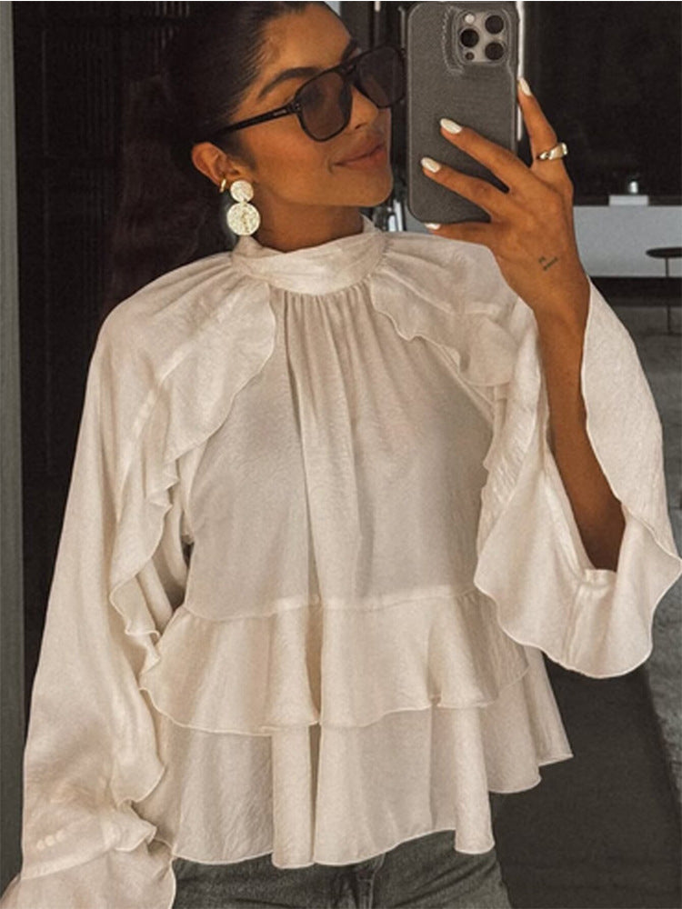 Tiered Ruffle Satin Blouse — lifestyle shot, styled with accessories