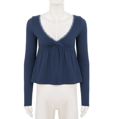 Long Sleeve Babydoll Top in Navy with Lace-Trim V-Neck - navy mannequin front view