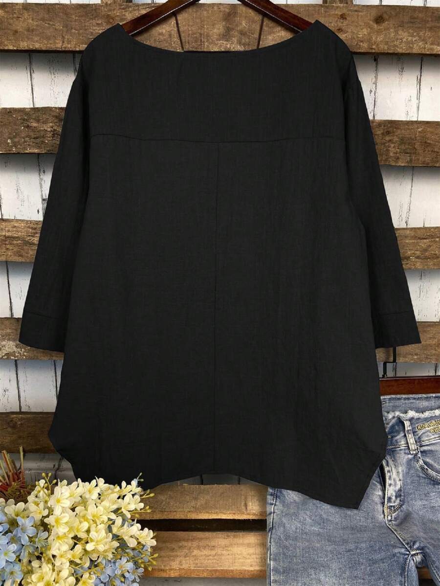 Blouse Tunic with Dipped Hem and Front Pocket - black back view