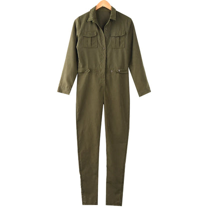 Jumpsuit in Army Green with Utility Pockets - army green flat lay front view