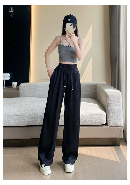 Wide-Leg Trousers in Satin-Feel Jacquard - black full-length front