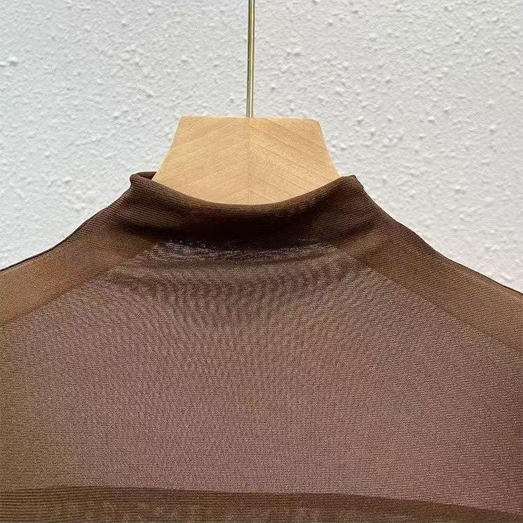 Mesh Top with Semi-High Neck and Long Sleeves - brown neckline close-up