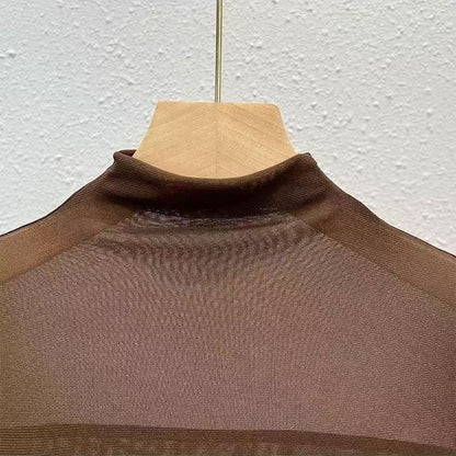 Mesh Top with Semi-High Neck and Long Sleeves - brown neckline close-up