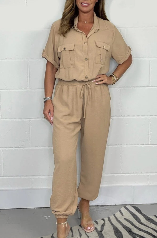 Utility Shirt Jumpsuit with Drawstring Waist - khaki front view