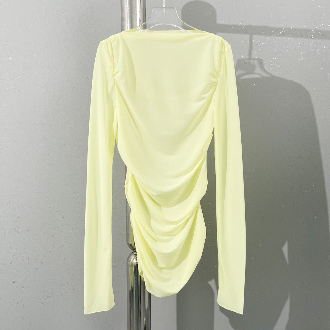 Top with Boat Neck and Draped Front in Lemon, Blue and Taupe - lemon hanger front view