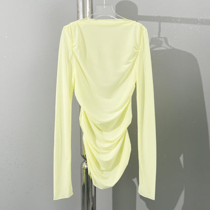 Top with Boat Neck and Draped Front in Lemon, Blue and Taupe - lemon hanger front view