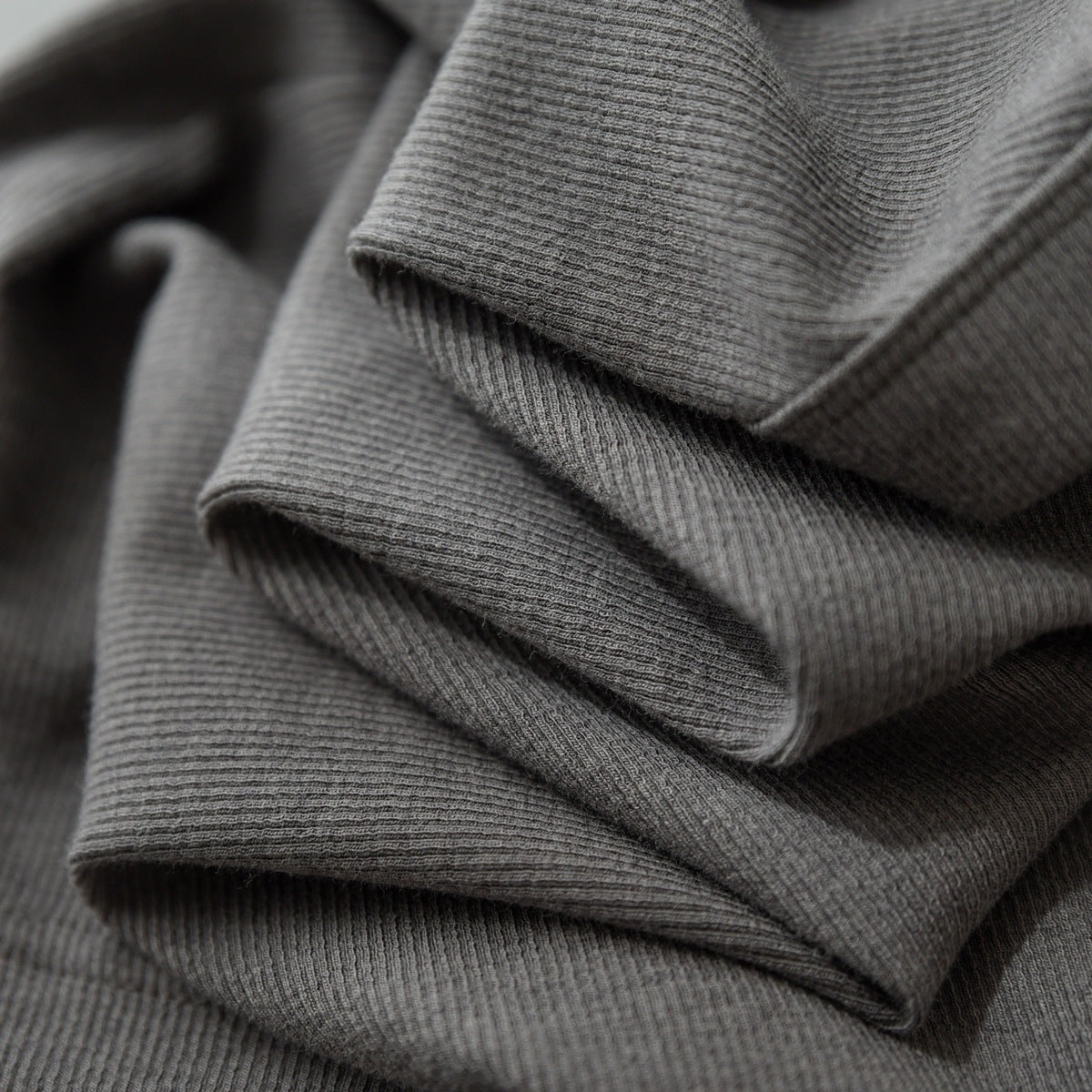 Long Sleeve Top in Ribbed Cotton with Scoop Neck - dark grey rib texture close-up