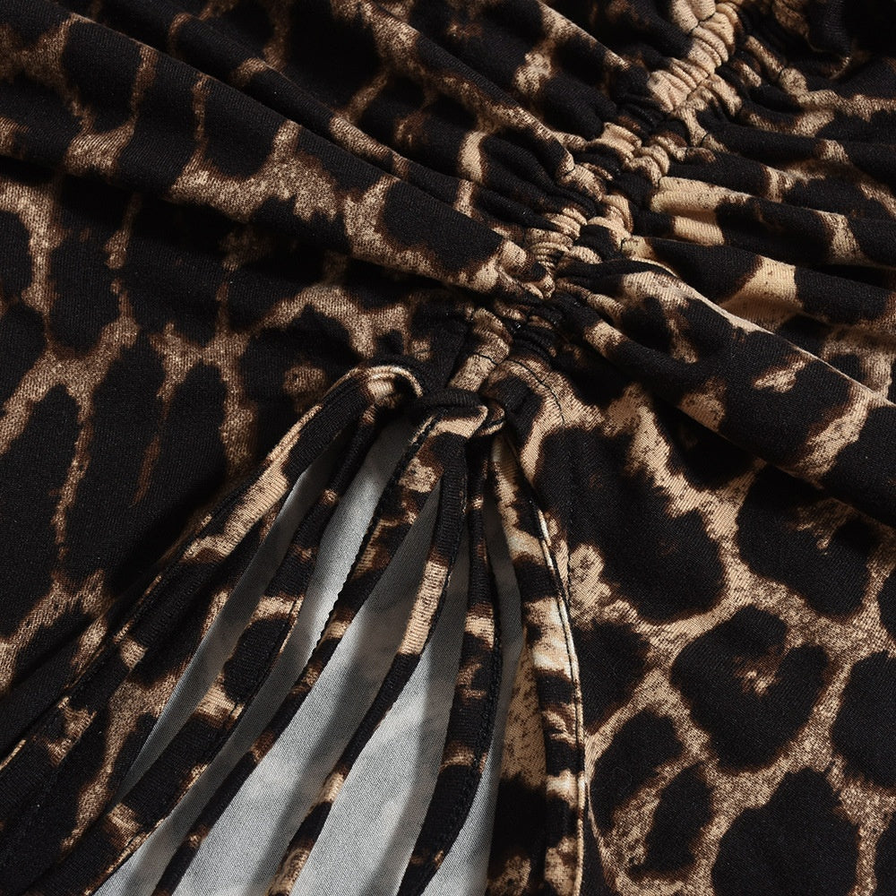 Mesh Top in Leopard Print with Drawstring Front - leopard print ruched drawstring detail