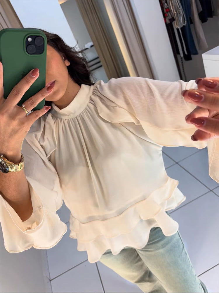 Tiered Ruffle Satin Blouse — lifestyle shot, side view
