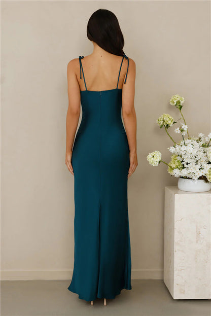 Maxi Dress in Satin with Tie-Shoulder Straps - Navy blue back view