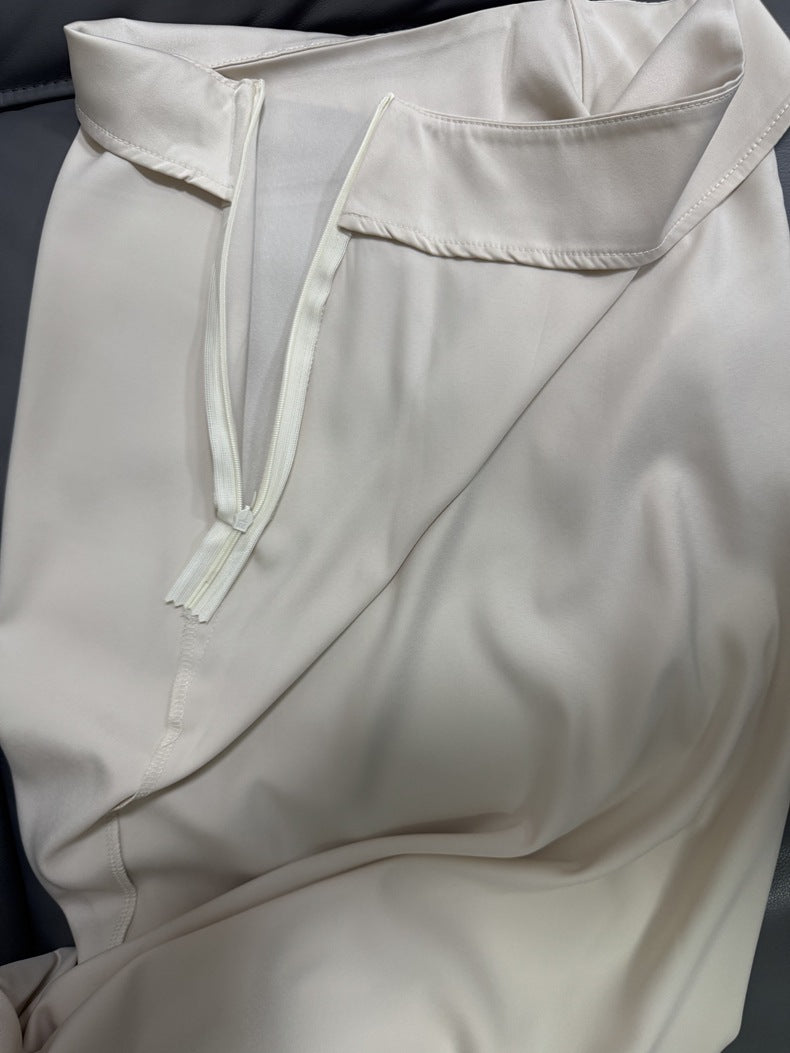 Maxi Skirt in Satin Bias Cut - Apricot concealed side zip detail