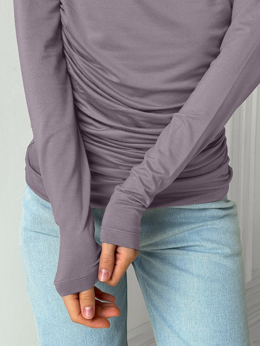 Top in Dusty Mauve with Draped Neck and Ruched Waist - dusty mauve sleeve and ruched waist detail