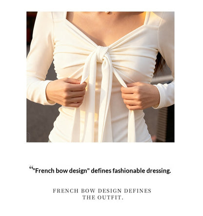 Top with Ruched Tie Front and Long Sleeves - white tie-front close-up