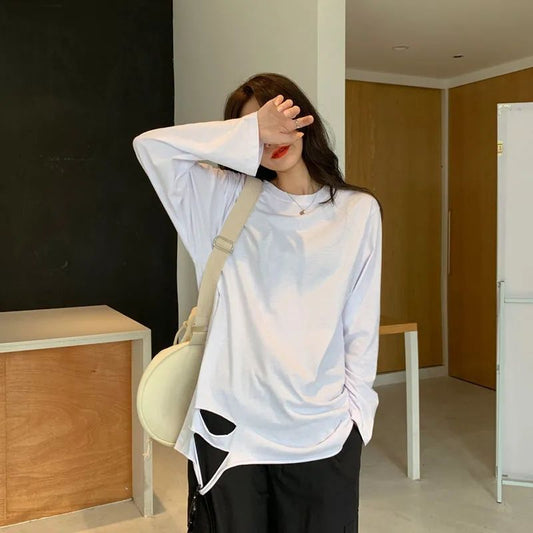 Longline Top in White with Plain or Distressed Hem - white distressed hem full-length lifestyle view