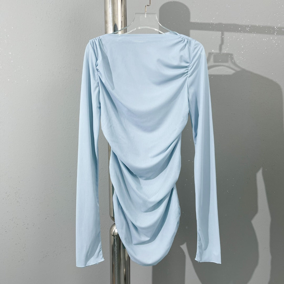 Top with Boat Neck and Draped Front in Lemon, Blue and Taupe - blue hanger front view