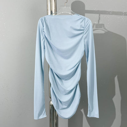 Top with Boat Neck and Draped Front in Lemon, Blue and Taupe - blue hanger front view