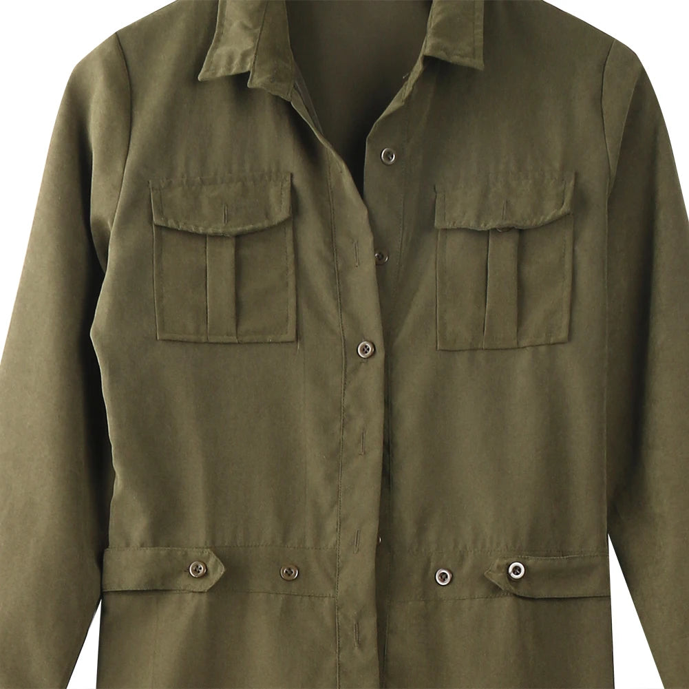 Jumpsuit in Army Green with Utility Pockets - army green collar and chest pocket detail