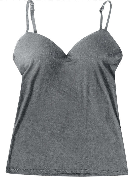 Cami Top with Built-In Bra in 12 Colours - dark gray flat lay front