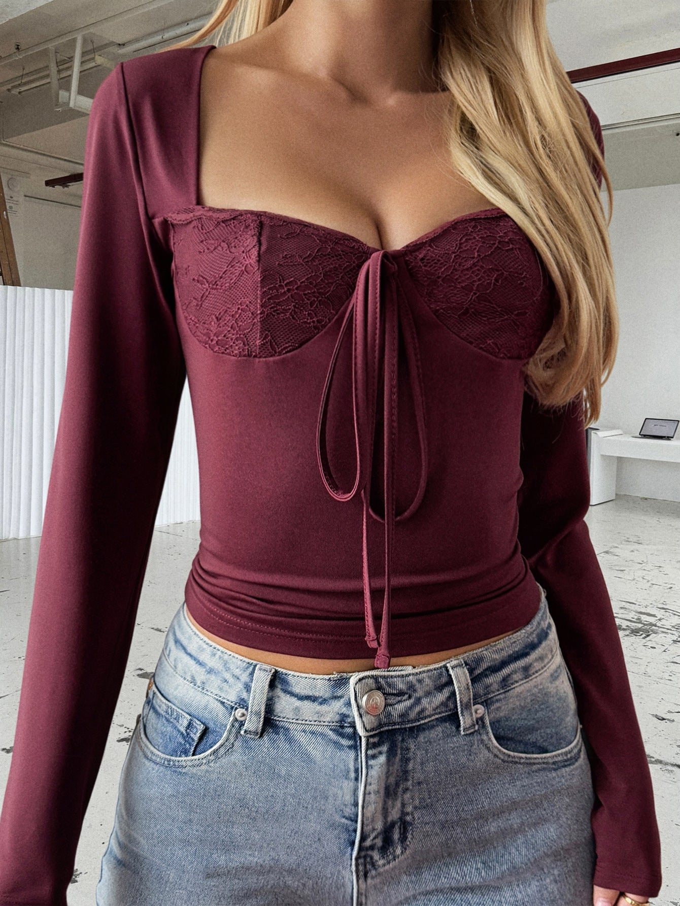 Corset Top with Lace Cups and Long Sleeves - dark red styled front view
